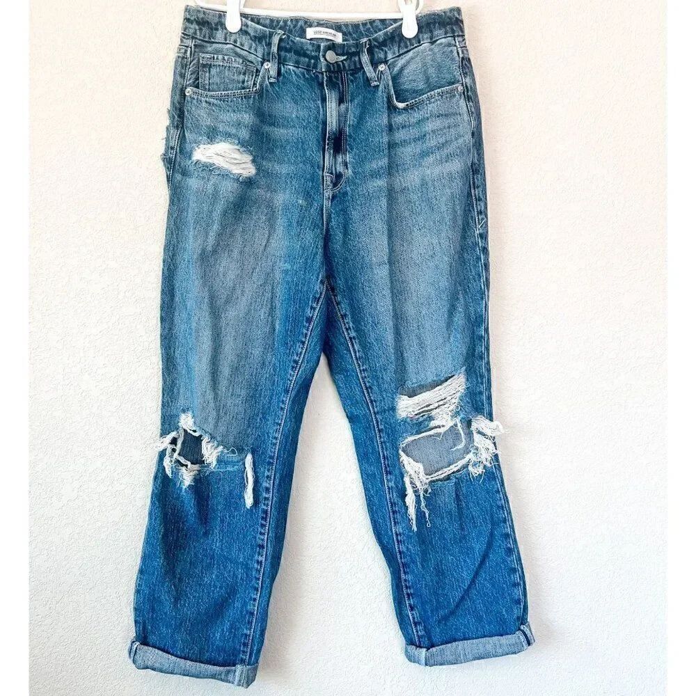 Good American Good Vintage Distressed Ripped Straight Rolled Hem Jeans Size 8/29